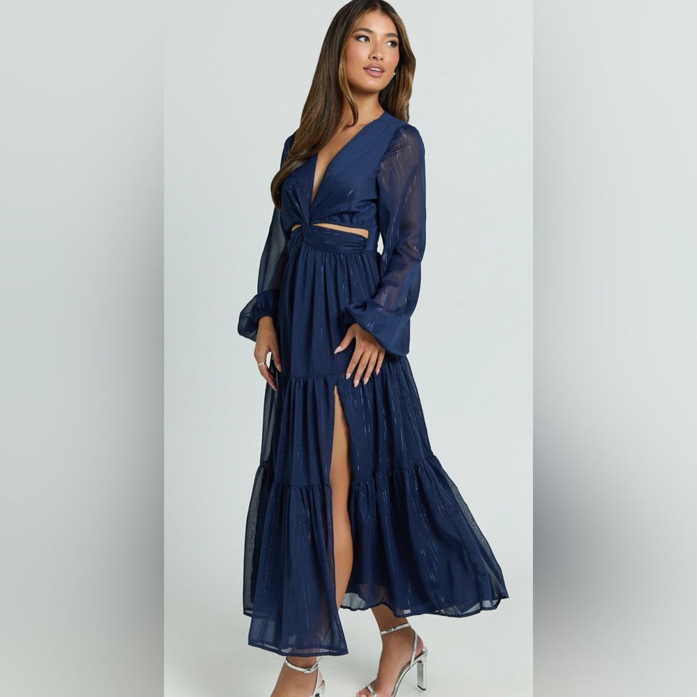 Navy Blue Midi Wedding Guest Dress - Picture 3 of 8